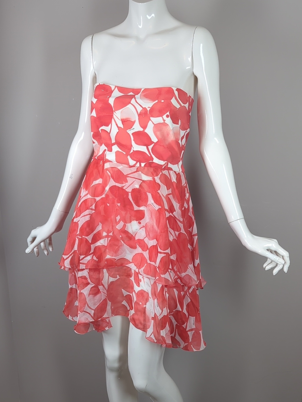 SHAN Canada Strapless Tiered Ruffle Dress Coral Leaf Resort Wear Silk Size 8